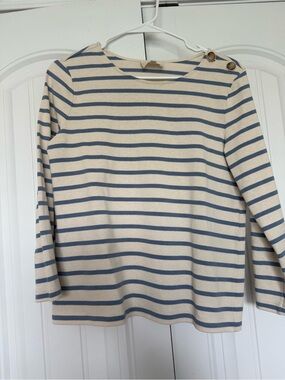 Sezane Cream and Blue Striped Breton Top with Shoulder Buttons